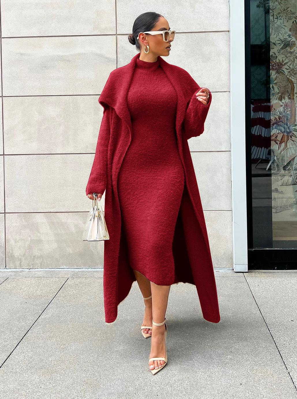 Abbigliamento da donna Temperamento Abito e cappotto Due pezzi Cardigan lungo e largo Abito in velluto_voghion.com