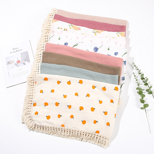Cross-border double-layer printed cotton gauze baby wrap towel 100% cotton baby stroller windproof blanket children tassel cover blanket