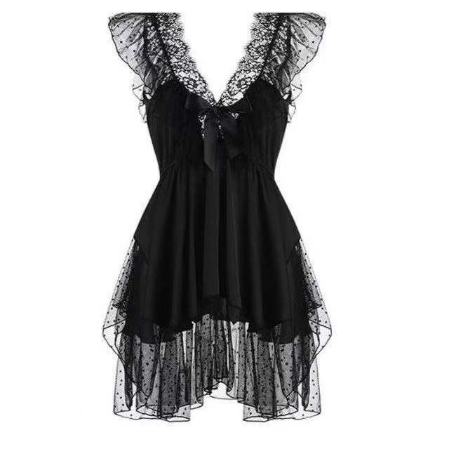 Plus Size Mesh Sling Nightgown, Backless Polka Dot Babydoll in Pink Polyester — detail image 6