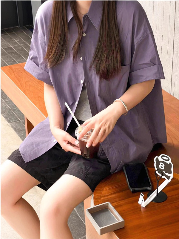 日系短袖紫色衬衫上衣女款夏季2025新款宽松复古休闲设计高级衬衫|undefined