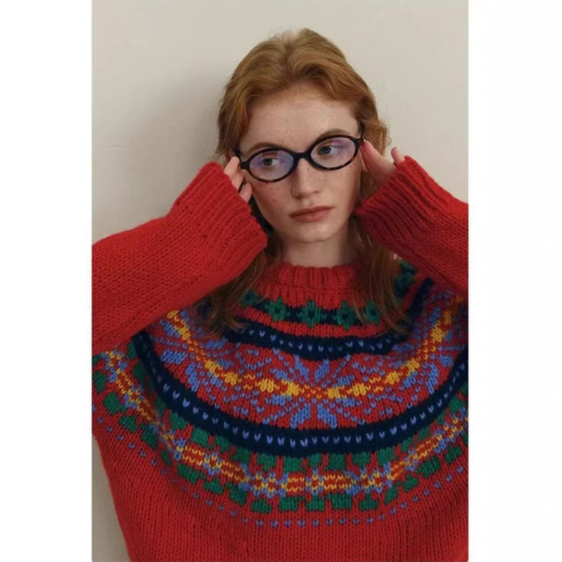 French Fair Isle Red Sweater for Women, Autumn and Winter 2025 Christmas and New Year Outfit, Unique and Beautiful Thick Knitted Top