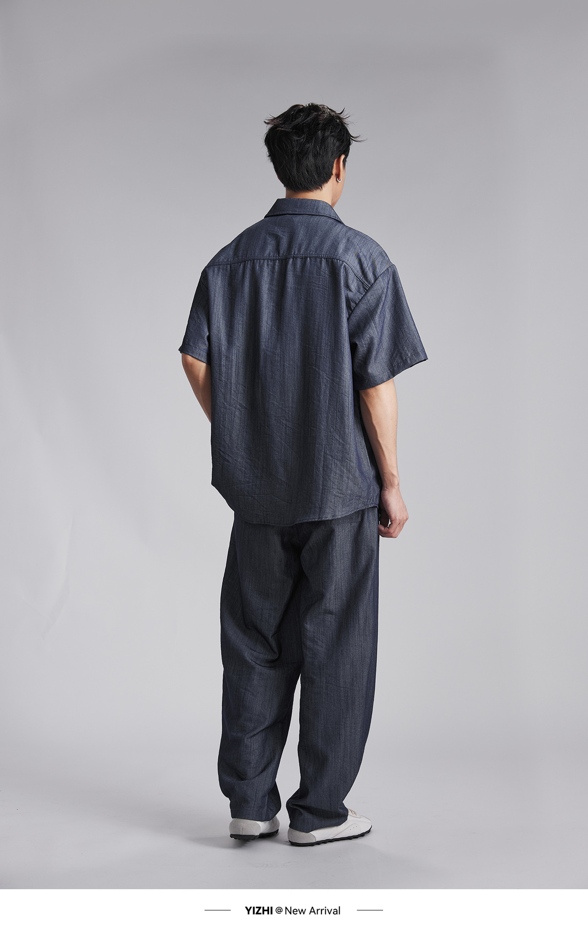 Bộ đồ thể thao nam phong cách denim giả, áo sơ mi dài tay phối quần ống rộng — Tây Tạng màu xanh - quần dài chi tiết 14
