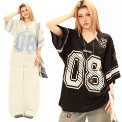 クロスボーダーアメリカンストリートニュートラルレトロボールスーツレターデザインメンズルーズハイエンド半袖Tシャツ