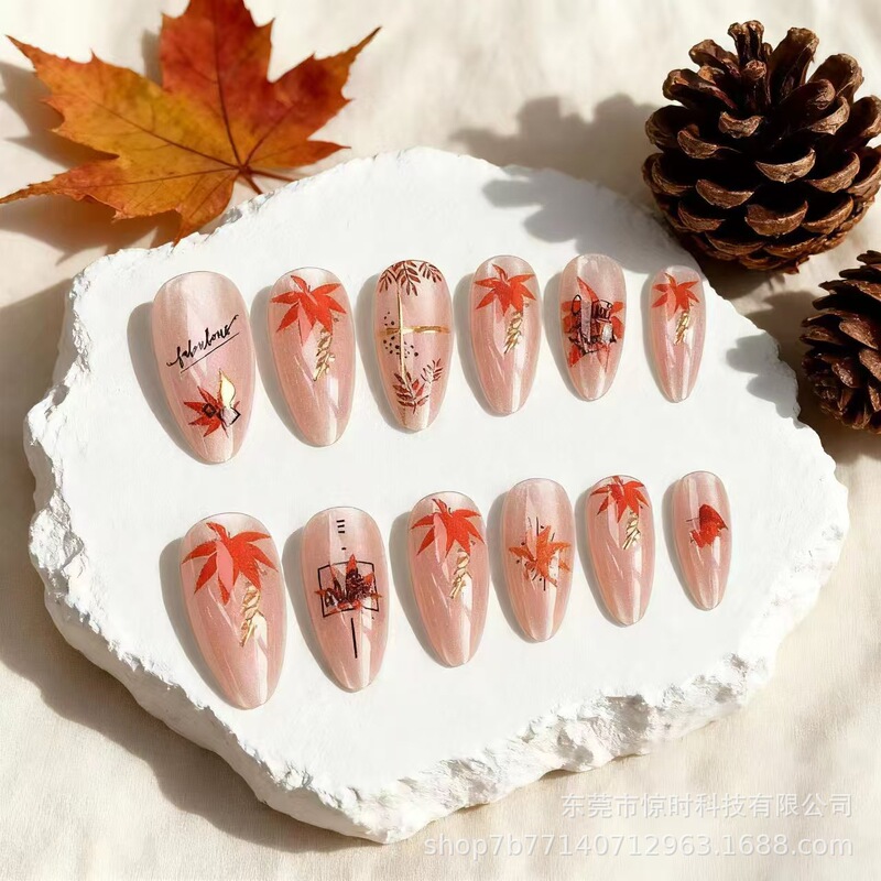 Cross-Border New Style Cat-Eye Almond-Shaped Press-On Nails Autumn and Winter Maple Leaf Nail Art Nail Pieces Finished Products in Stock Cross-Border New Style Cat-Eye Almond-Shaped Press-On Nails Autumn and Winter Maple Leaf Nail Art Nail Pieces Finished Products in Stock