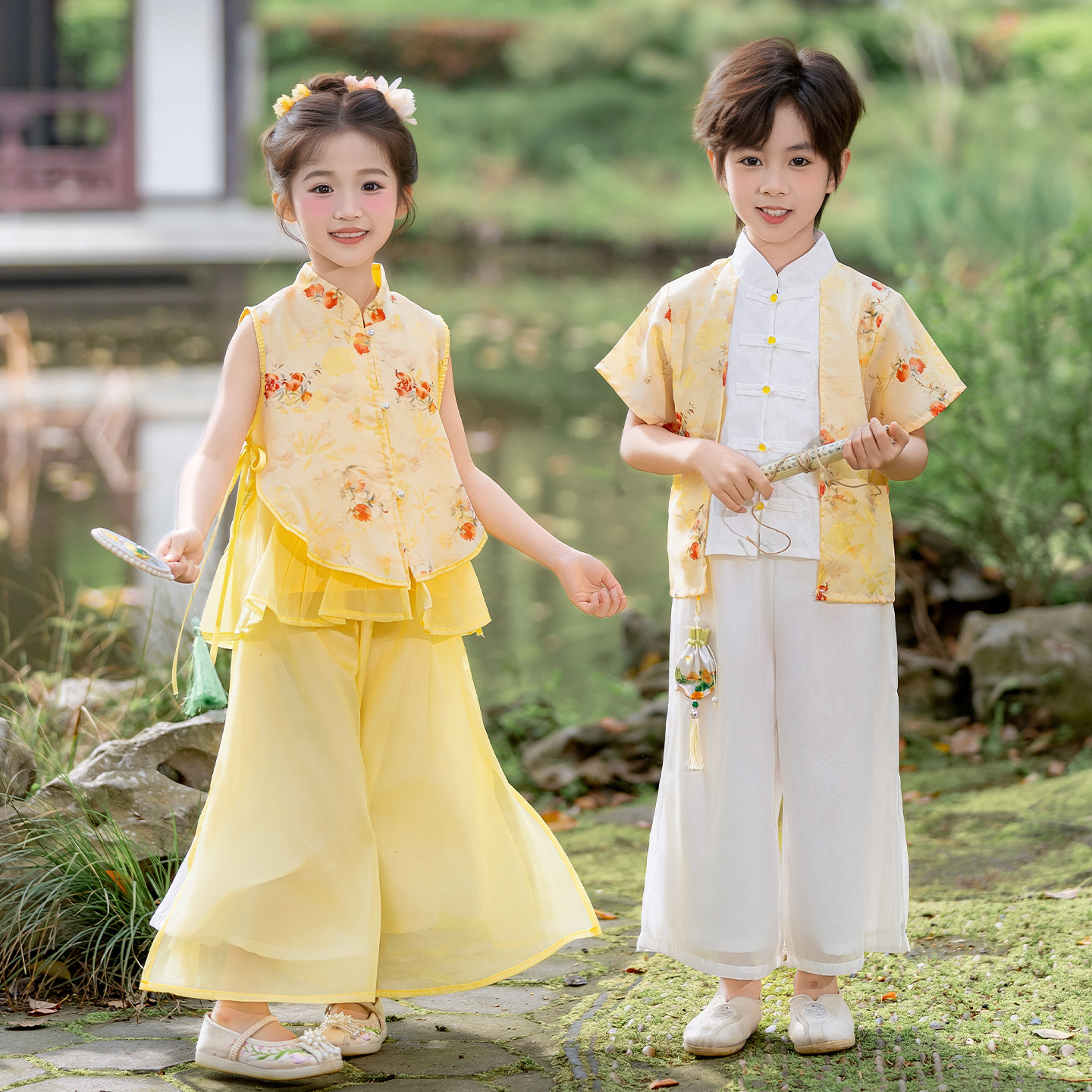 儿童新中式汉服套装男女童国风唐装兄妹装夏季薄款周岁礼服演出服