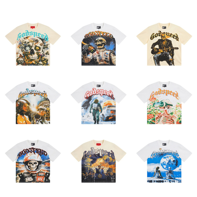 25Ss Cross-Border American Fashion Rock Band Retro Skull Print T-Shirt Pure Cotton High Street Round Neck Loose Unisex Short Sleeve 25Ss Cross-Border American Fashion Rock Band Retro Skull Print T-Shirt Pure Cotton High Street Round Neck Loose Unisex Short Sleeve
