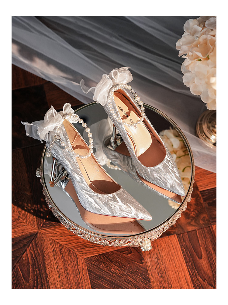 6681-58-041 Pointed Toe Stiletto Heel Shallow Mouth Women's High Heels French Bow Elegant Socialite Wedding Shoes_voghion.com