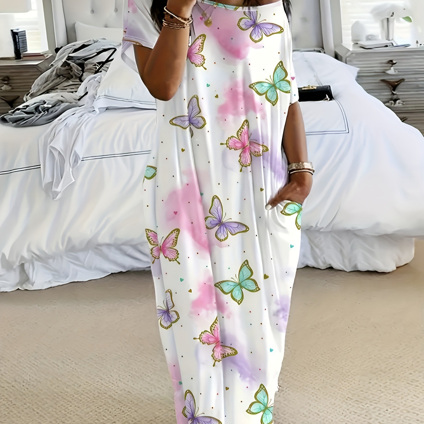 2025夏季欧美跨境新款印花长款连衣裙家居服休闲舒适时尚数码印花