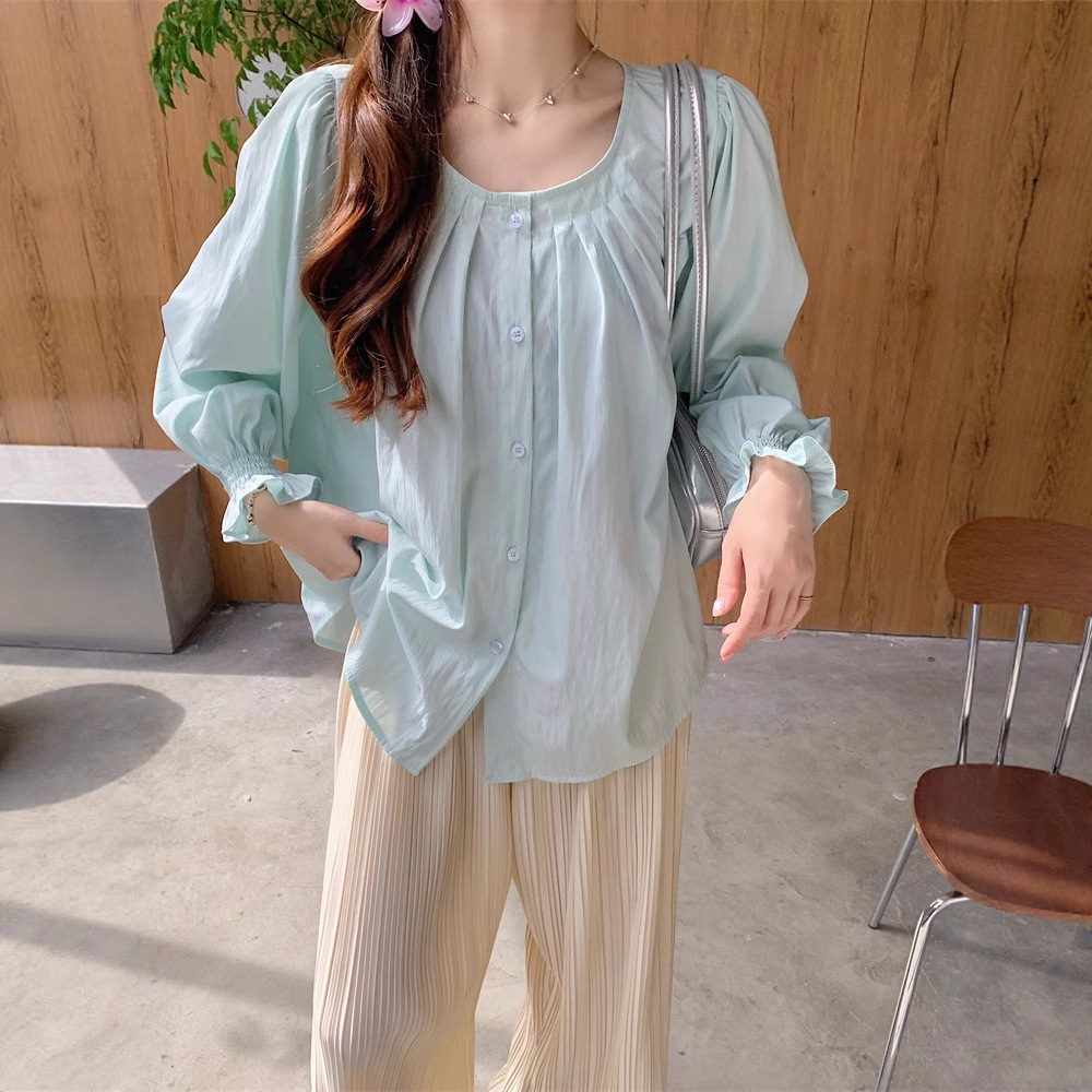 2025春秋新款法式长袖衬衫女宽松遮肚皱褶上衣微胖休闲衬衣