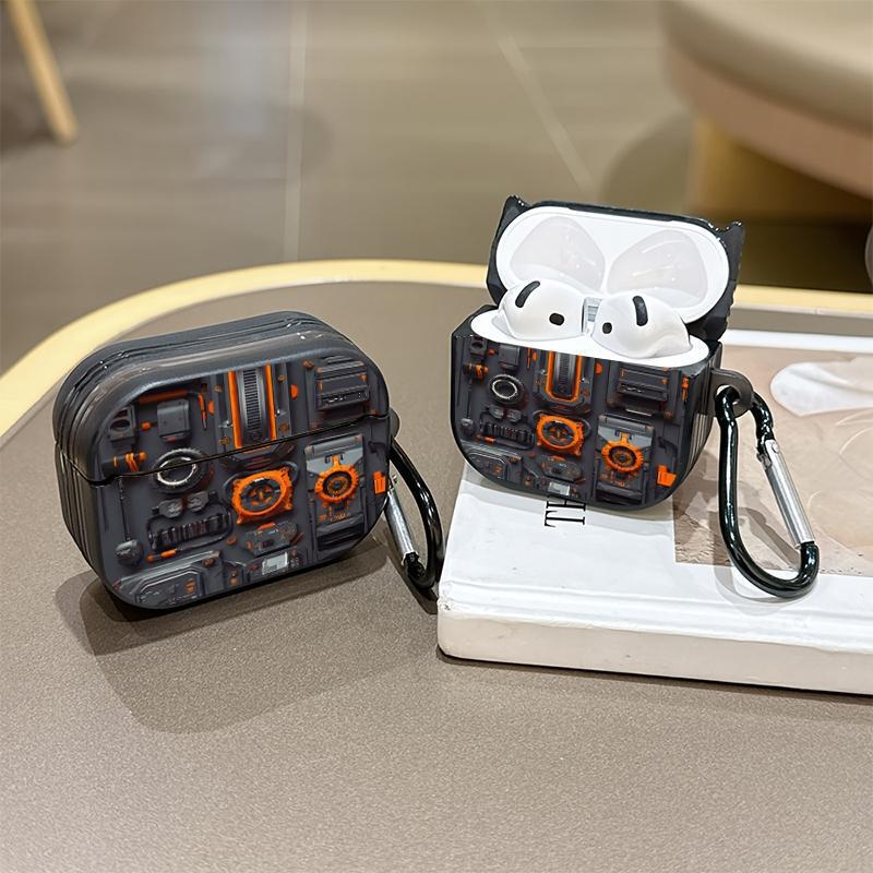 Semi-transparent black earphone protective case, equipped with a carabiner for portability, featuring a futuristic mechanical design Semi-transparent black earphone protective case, equipped with a carabiner for portability, featuring a futuristic mechanical design
