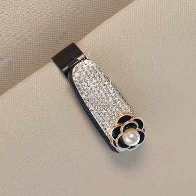 Car Glasses Clip Multifunctional Car Sunglasses Holder Car Eye Box Cute Diamond-encrusted Women's Car Sun Visor Clip (Car Glasses Clip/Bill Clip) - pearl-black-camellia-white-full-diamond-small-glasses-clip