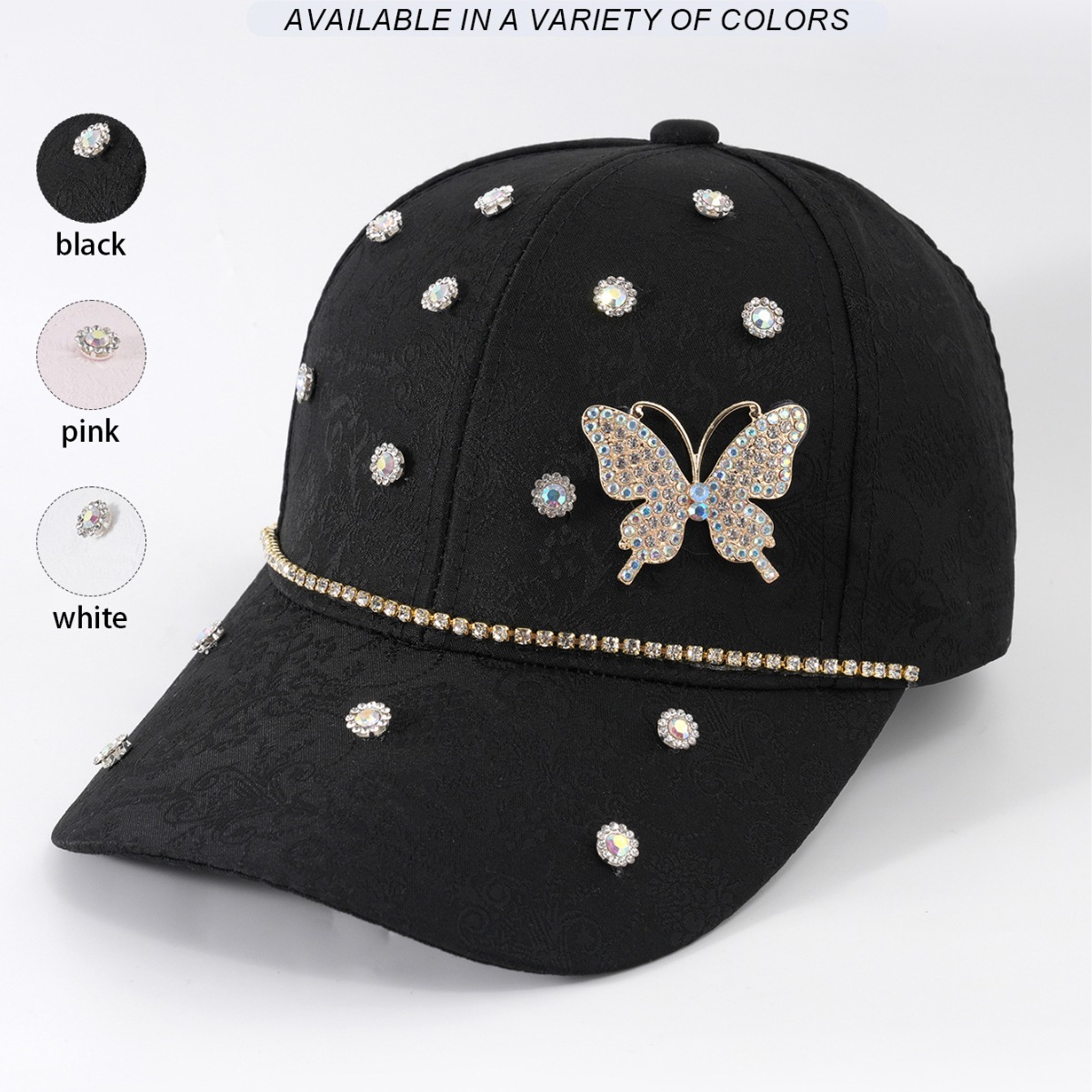Hombres y mujeres pareja sombrero de béisbol hecho a mano con diamantes lindos mariposa flash flor accesorios de gemas de moda callejera citas