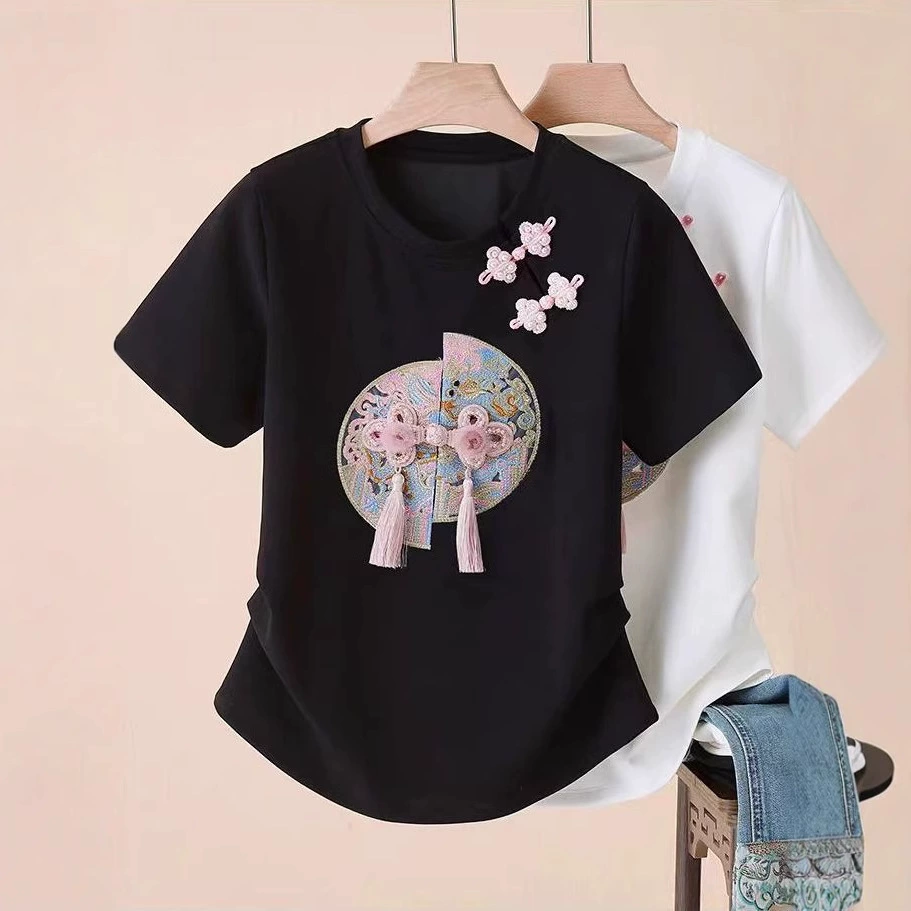 Новая китайская слива с вышивкой на пуговицах белая футболка женская 2025 новая летняя национальная футболка с тонкими короткими рукавами