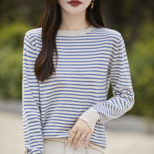 秋季批发跨境安迪绒短袖女衫条纹韩版女新款套头毛衣圆领针织打底