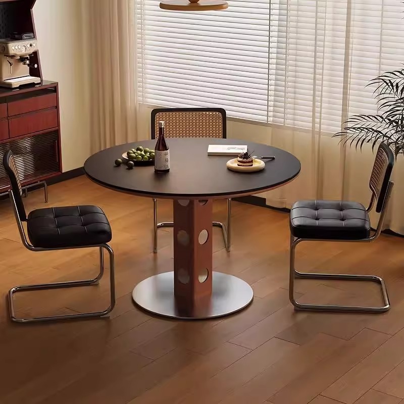 Medieval Style Round Table, Retro Round Dining Table, Simple Nordic Solid Wood Small Apartment, Modern Slate Negotiation Dining Table for Home Use