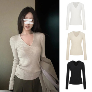 Autumn and Winter New Slim V Pullover Sweater Knitted Shirt Slim-fit Slimming All-match Elegant Long-sleeved Top