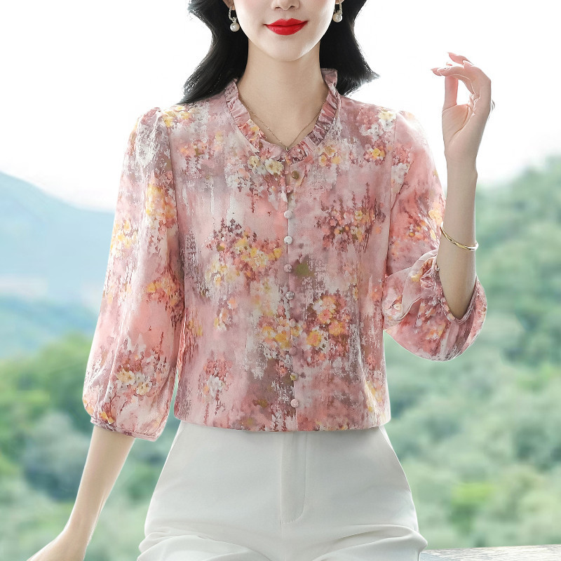 Real Shot of Chiffon Shirt, New Retro Hong Kong Style, Elegant Silk Blouse for Women, Versatile Loose Top That Covers the Belly