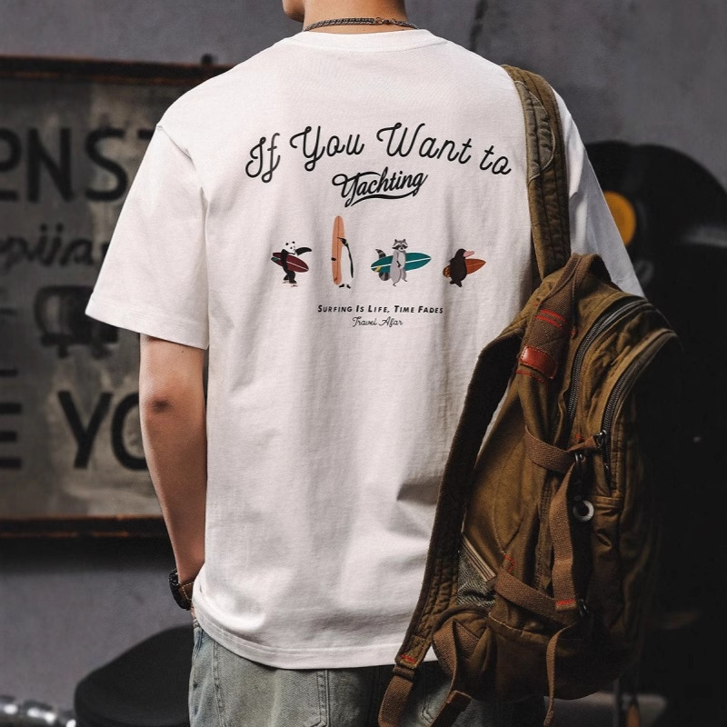 Summer Fun Surfing Printed Short-Sleeved T-Shirt for Boys Trendy Brand Loose Plus Size Casual Round Neck Pure Cotton T-Shirt