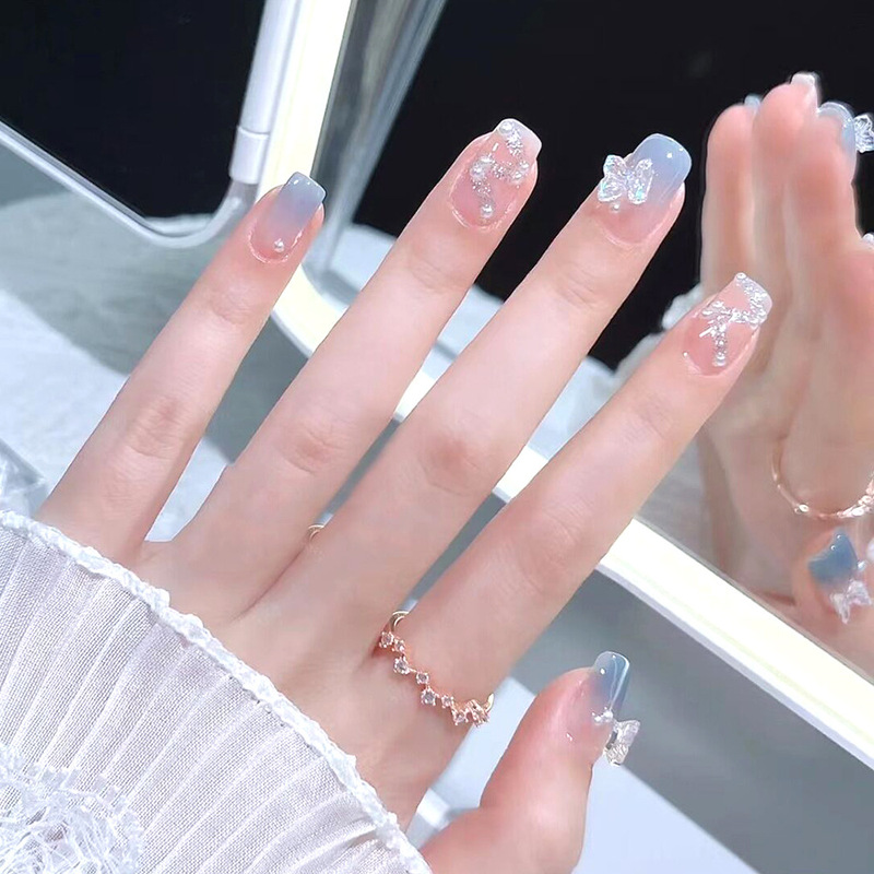 Cross-Border 24-Piece Ice Blue Bowknot Short Press-On Nails Square Short Nail Art Press-On Nails Short Style Nail Art Pieces