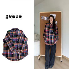 复古撞色女式格纹衬衫 秋冬季港风休闲日常小众宽松显瘦衬衣外套