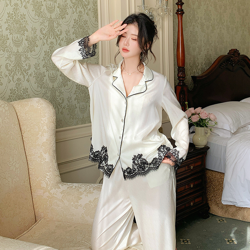 法式新款春季长袖长裤色丁睡衣女士甜美高贵开衫可外穿家居服套装|undefined