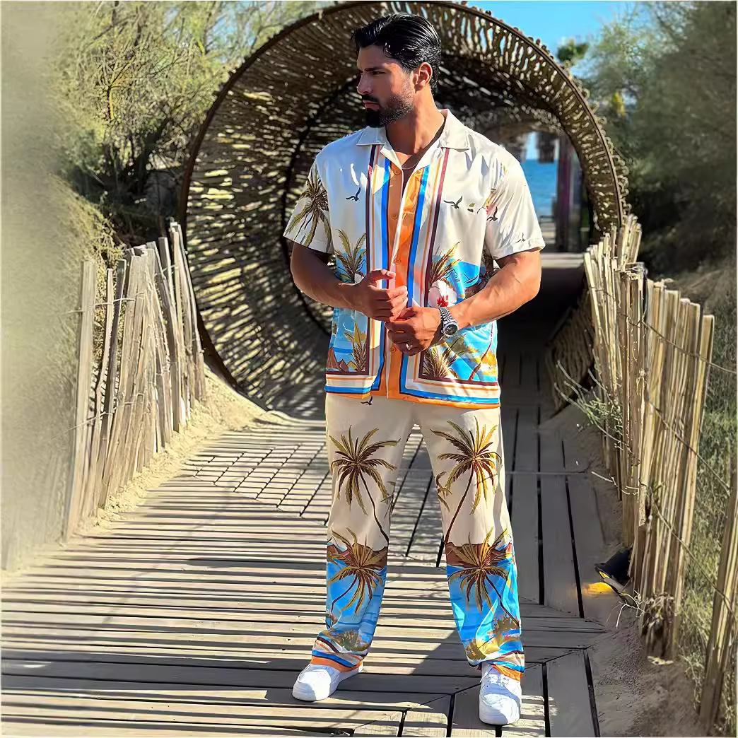 Neues Herrenhemd mit Print, lässiges Kurzarm-Set mit langer Hose für den Strand_voghion.com