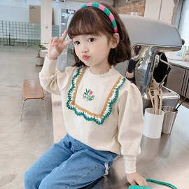 韩国2023新款女童打底衫森系宝宝内搭上衣半高领儿童刺绣洋气T恤