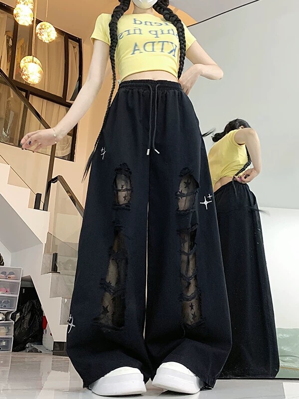 黑色破洞牛仔裤女2025夏季新款高腰显瘦直筒阔腿休闲爵士跳舞裤子|undefined