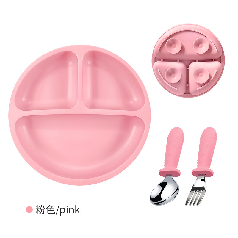 Placa de comedor de silicona para bebés 304 tenedor y cuchara de acero inoxidable, plato de ventosa, alimento complementario de tres compartidos para bebés de grado alimenticio resistente a altas temperaturas