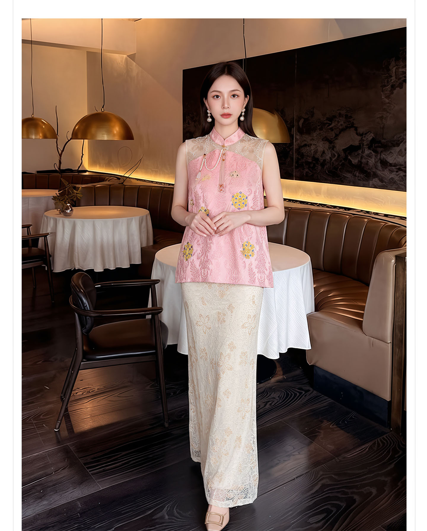 Bộ đầm vest không tay cổ đứng thêu hoa kết hợp chân váy ren phong cách Tân Trung Hoa — bộ đồ, nửa váy, Trang chủ chi tiết 8