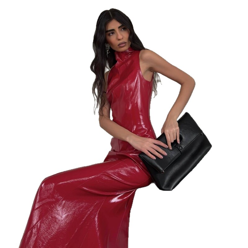 Cross-Border Clothing European and American Women's Pu Shiny Leather Hip Skirt Sexy Hip-Covering Sleeveless Mirror Leather Skirt Slim Dress
