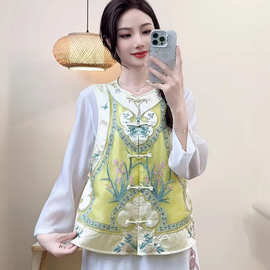 民族风重工刺绣马甲女2025新款新中式桑蚕丝复古盘扣立领背心上衣