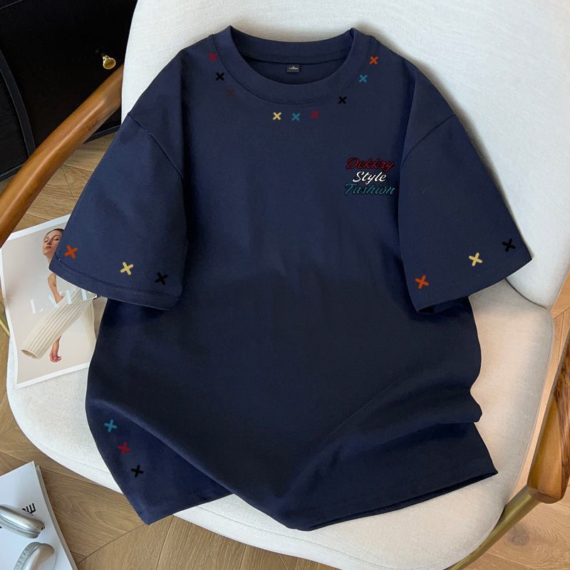 DEKKRY American High Street Colorful Print Navy Blue Pure Cotton Short-Sleeve T-Shirt Men's Summer Loose Fit Couple Trendy Brand Top
