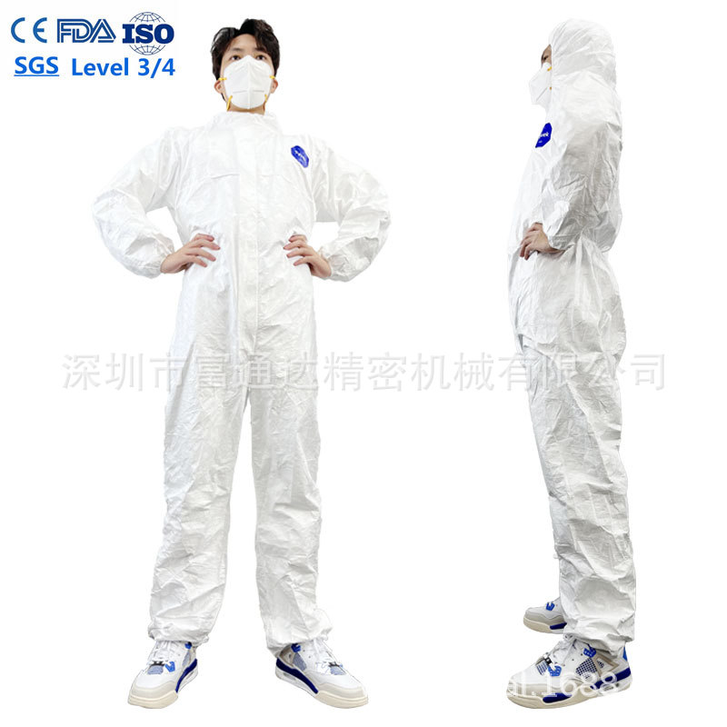 EN1073现货PP+PE一次性防护服连帽65g适用于检查室防飞沫EN14126