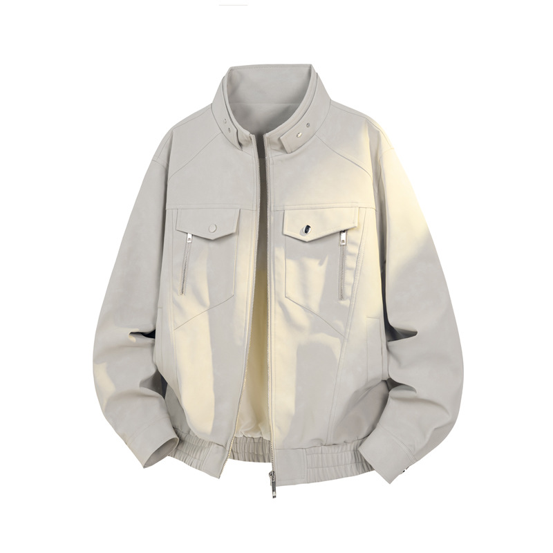 American Retro Workwear Leather Jacket For Men, Spring Cleanfit Flight Stylish Stand-up Collar Baseball Jacket, Trendy_voghion.com