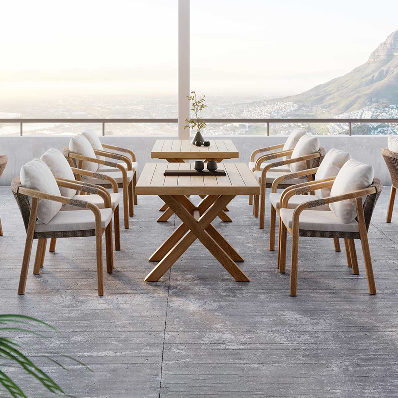 Mesas y sillas de teca para exteriores para villas, hoteles, patios, jardines, ocio al aire libre, terrazas de ratán, muebles de madera maciza impermeables y resistentes al sol.
