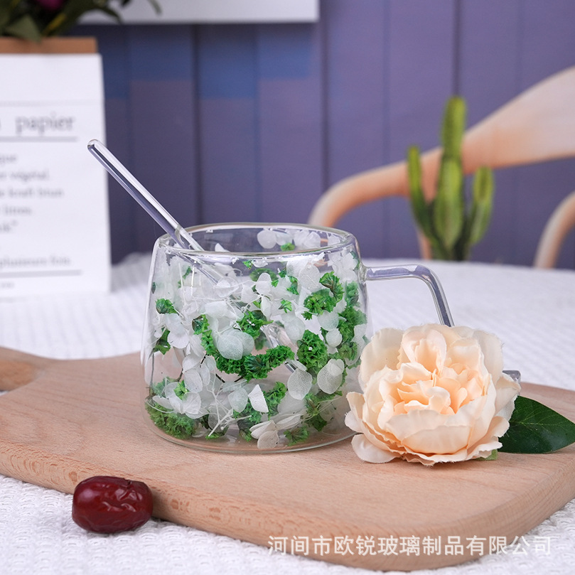 Flores verdaderas tazas de vidrio de doble capa, tazas de té de leche de doble capa de vidrio resistente al calor creativo, tazas de té de doble capa de flores incrustadas