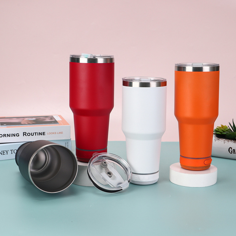 Cross-Border New Model 30oz Bluetooth Speaker Car Cup 304 Stainless Steel Thermos Cup Portable Car-Mounted Straw Water Cup