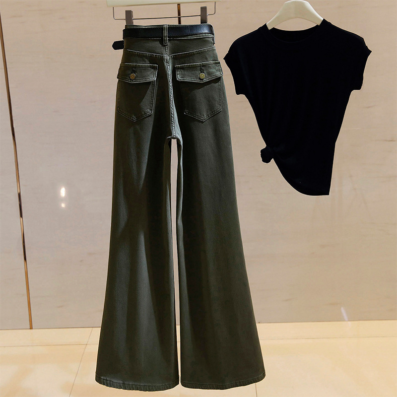 Olive green wide-leg flared jeans for women, high-waisted, 2026 autumn new style, loose straight cut, slimming, floor-length bell-bottom pants