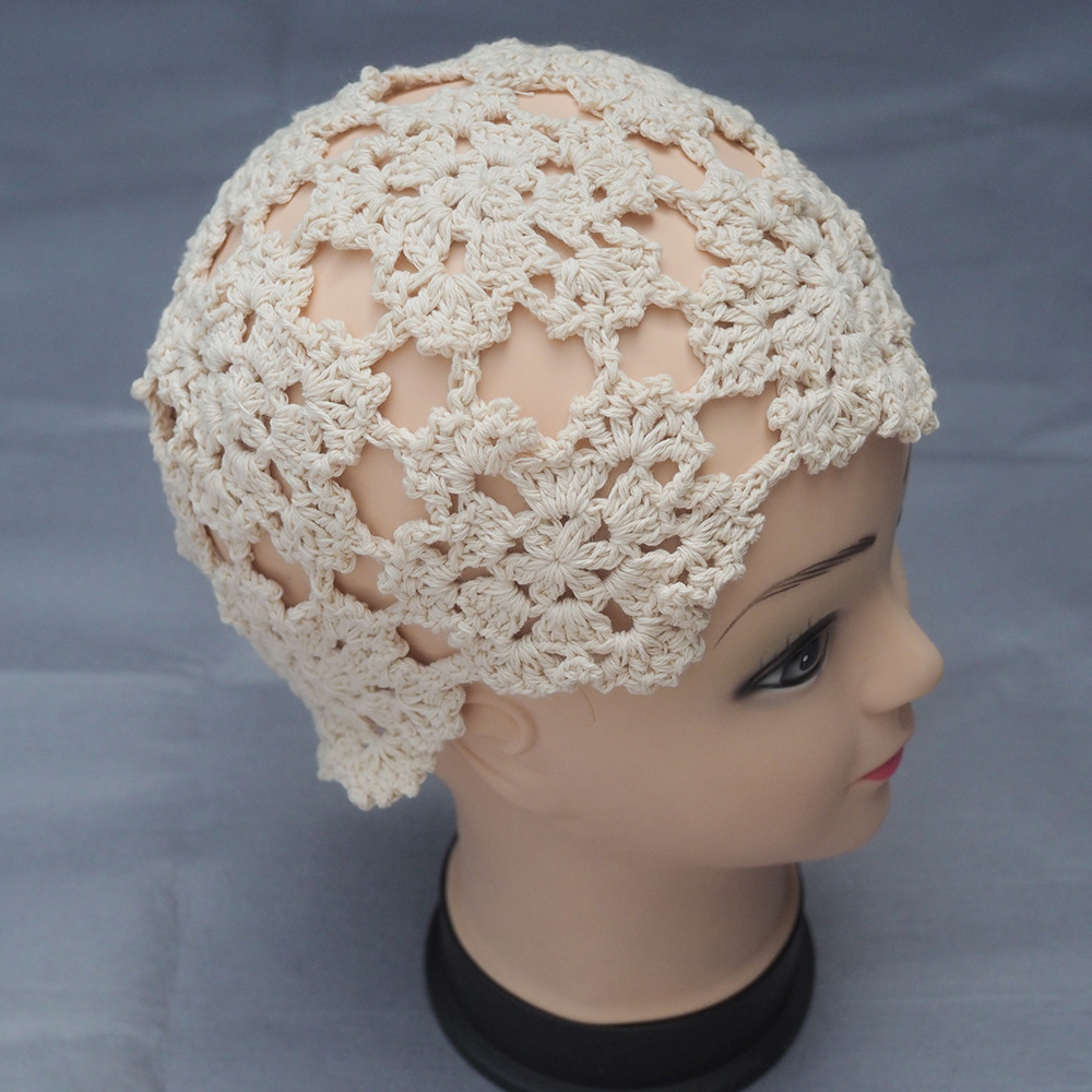 yunweny手工钩编复古纯色拼花针织帽女四季钩针花朵棉线手钩帽子
