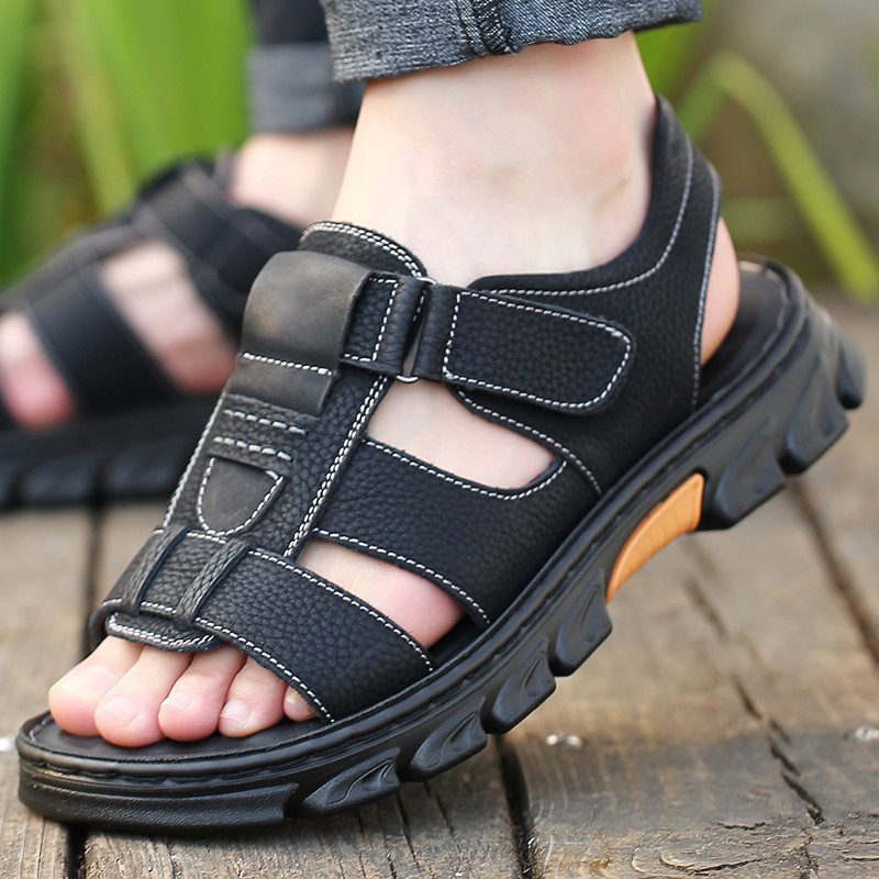 Sandalias de piel de vaca de gran tamaño para hombre verano casual transpirable velcro plataforma impermeable antideslizante zapatos de playa para papá de mediana edad y ancianos