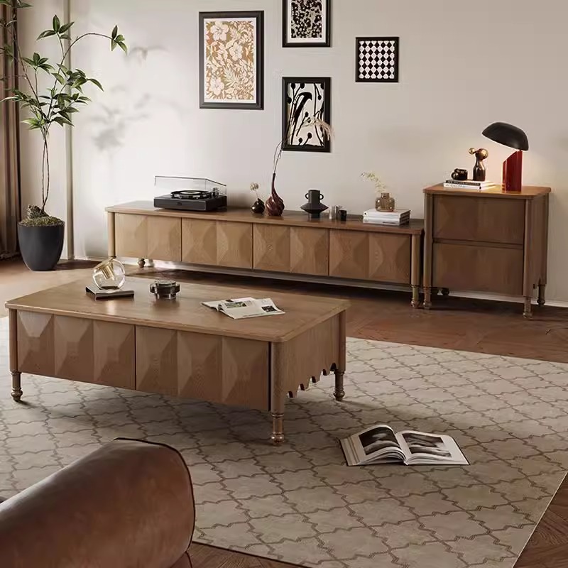 American Style Antique Style Solid Wood TV Cabinet Coffee Table Combination Small Apartment Living Room Household Retro Square Table Tea Table Coffee Table