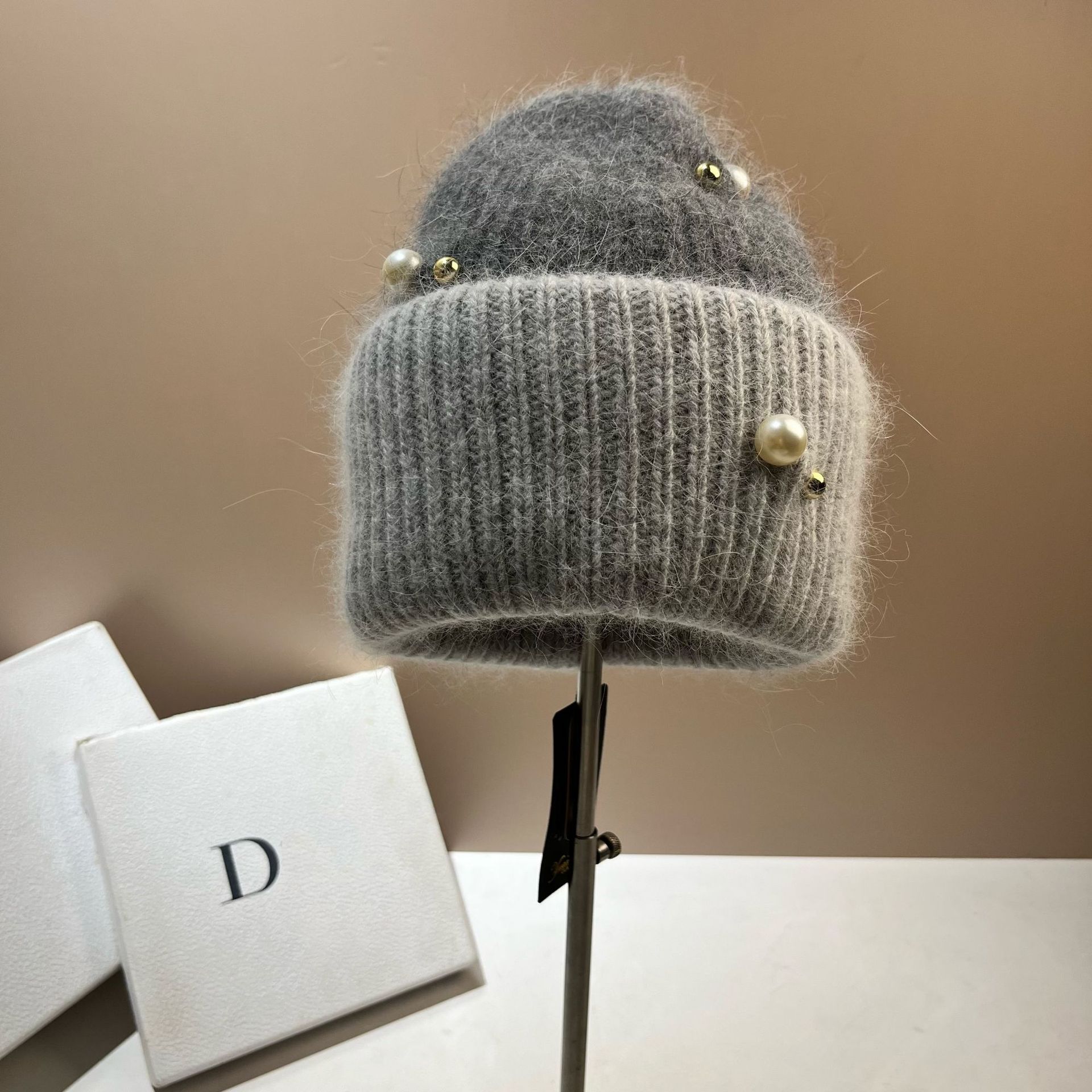 Winter Kleine Duftende Perle Farbe blockiert Warm Kalt Nordisch Dick Doppelschicht Angora Kaninchen Haar Strickmütze_voghion.com