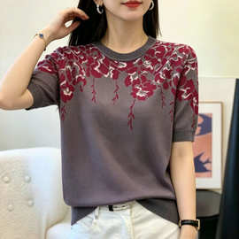 2026新款刺绣绣花针织短袖t恤女夏季薄款冰丝针织衫宽松女装上衣