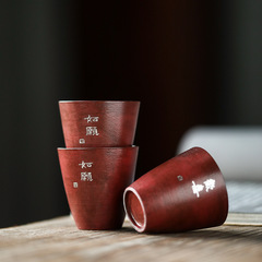 晴先生故宮紅景德鎮手作鎏銀文人主人杯赤紅古拙刻詩紋陶泥茶杯40