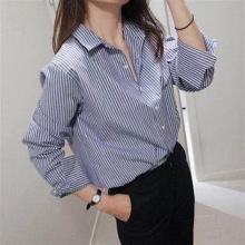 新款内搭细条纹宽松POLO领衬衫女韩范简约打底蓝色黑色衬衣上衣女