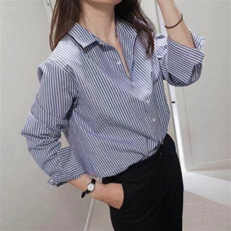 新款内搭细条纹宽松POLO领衬衫女韩范简约打底蓝色黑色衬衣上衣女