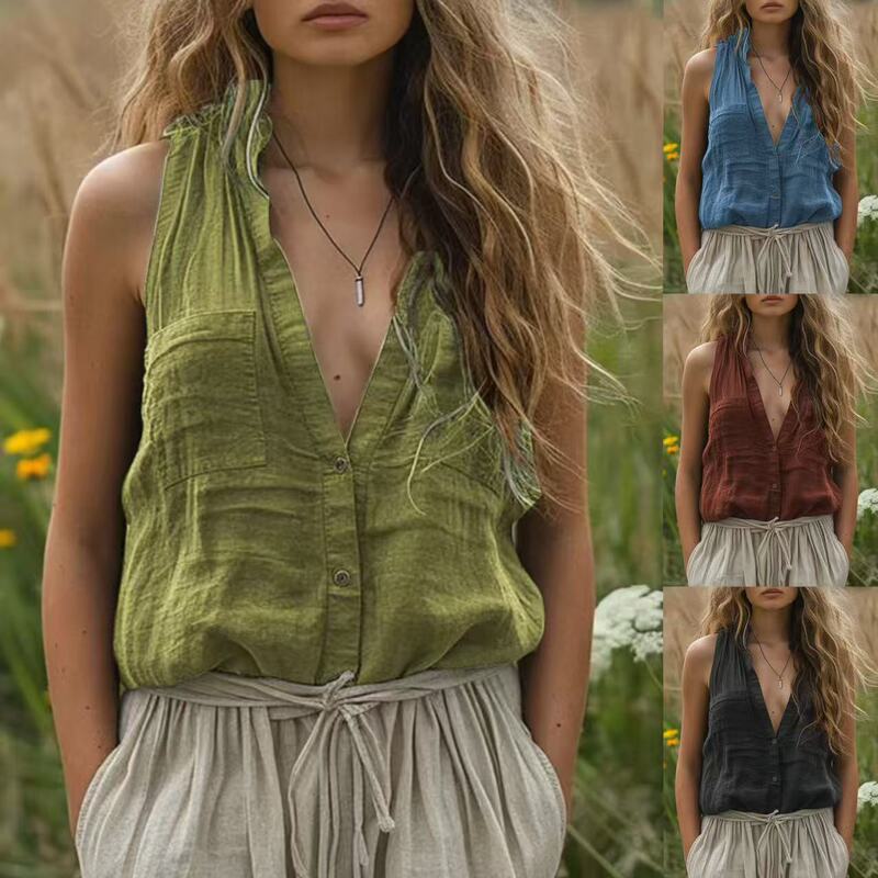 European and American Cross-border Spring New Women's Casual Loose Fashion Sleeveless Cotton and Linen Solid Color V-neck Pocket Vest Shirt