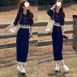 复古牛仔套装女2026春春新款洋气显瘦蕾丝拼接短外套阔腿裤两件套