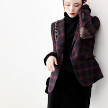 2022秋冬新款女装西装领日式一粒扣气质通勤韩版格子修身红色外套